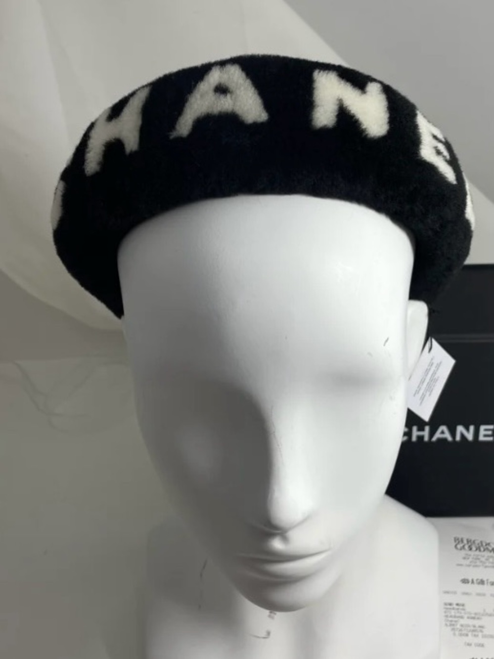 ChaneI Faux Fur Spell- Out Headband Black with White Lettering
